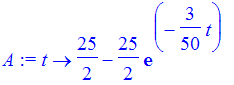 A := proc (t) options operator, arrow; 25/2-25/2*exp(-3/50*t) end proc