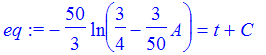 eq := -50/3*ln(3/4-3/50*A) = t+C