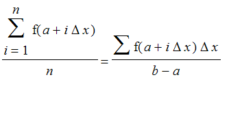 Sum(f(a+i*Delta*x),i = 1 .. n)/n = Sum(f(a+i*Delta*x)*Delta*x)/(b-a)