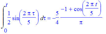 Int(1/2*sin(2/5*Pi*tau),tau = 0 .. t) = -5/4*(-1+cos(2/5*Pi*t))/Pi