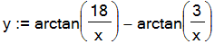 y := arctan(18/x)-arctan(3/x)