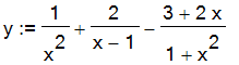 y := 1/x^2+2/(x-1)-(3+2*x)/(1+x^2)