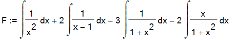F := Int(1/x^2,x)+2*Int(1/(x-1),x)-3*Int(1/(1+x^2),x)-2*Int(1/(1+x^2)*x,x)