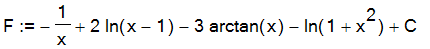 F := -1/x+2*ln(x-1)-3*arctan(x)-ln(1+x^2)+C