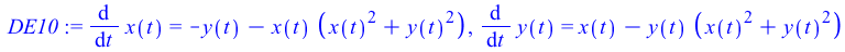 diff(x(t), t) = `+`(`-`(y(t)), `-`(`*`(x(t), `*`(`+`(`*`(`^`(x(t), 2)), `*`(`^`(y(t), 2))))))), diff(y(t), t) = `+`(x(t), `-`(`*`(y(t), `*`(`+`(`*`(`^`(x(t), 2)), `*`(`^`(y(t), 2)))))))
