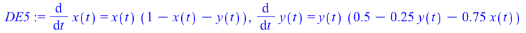 diff(x(t), t) = `*`(x(t), `*`(`+`(1, `-`(x(t)), `-`(y(t))))), diff(y(t), t) = `*`(y(t), `*`(`+`(.5, `-`(`*`(.25, `*`(y(t)))), `-`(`*`(.75, `*`(x(t)))))))