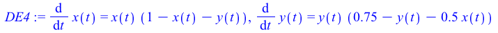 diff(x(t), t) = `*`(x(t), `*`(`+`(1, `-`(x(t)), `-`(y(t))))), diff(y(t), t) = `*`(y(t), `*`(`+`(.75, `-`(y(t)), `-`(`*`(.5, `*`(x(t)))))))
