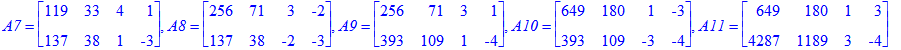 A1 = matrix([[1, 0, 1, 3], [3, 1, 3, -4]]), A2 = matrix([[4, 1, 3, -1], [3, 1, -1, -4]]), A3 = matrix([[4, 1, 3, 2], [7, 2, 2, -3]]), A4 = matrix([[11, 3, 4, -1], [7, 2, -1, -3]]), A5 = matrix([[11, 3,...