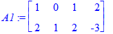 A1 := matrix([[1, 0, 1, 2], [2, 1, 2, -3]])