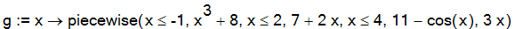 g := proc (x) options operator, arrow; piecewise(x <= -1,x^3+8,x <= 2,7+2*x,x <= 4,11-cos(x),3*x) end proc