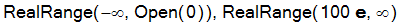RealRange(-infinity,Open(0)), RealRange(100*exp(1),infinity)