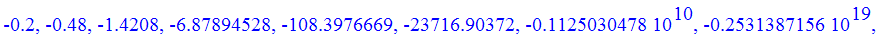 -.2, -.48, -1.4208, -6.87894528, -108.3976669, -23716.90372, -1125030478., -.2531387156e19, -.1281584187e38, -.3284916056e75, -.2158134698e150