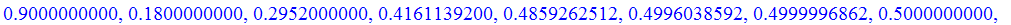 .9000000000, .1800000000, .2952000000, .4161139200, .4859262512, .4996038592, .4999996862, .5000000000, .5000000000, .5000000000, .5000000000