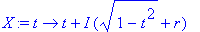 X := proc (t) options operator, arrow; t+I*(sqrt(1-...