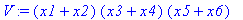 V := (x1+x2)*(x3+x4)*(x5+x6)