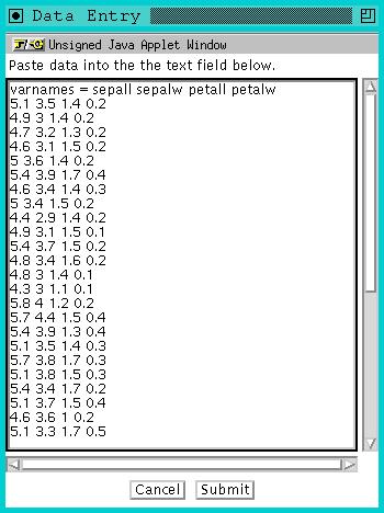 Pasting the Iris Data in WebStat