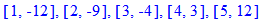 [1, -12], [2, -9], [3, -4], [4, 3], [5, 12]