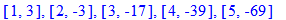 [1, 3], [2, -3], [3, -17], [4, -39], [5, -69]