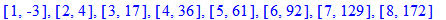 [1, -3], [2, 4], [3, 17], [4, 36], [5, 61], [6, 92], [7, 129], [8, 172]