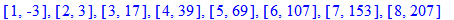 [1, -3], [2, 3], [3, 17], [4, 39], [5, 69], [6, 107], [7, 153], [8, 207]