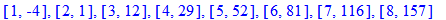 [1, -4], [2, 1], [3, 12], [4, 29], [5, 52], [6, 81], [7, 116], [8, 157]