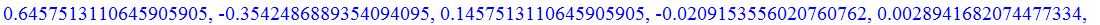 .6457513110645905905, -.3542486889354094095, .1457513110645905905, -.209153556020760762e-1, .28941682074477334e-2, -.13075124648211742e-2, .5900207420099453e-3, -.820222687427428e-4, .114007506892452e-...