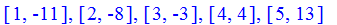 [1, -11], [2, -8], [3, -3], [4, 4], [5, 13]