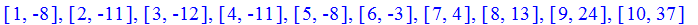 [1, -8], [2, -11], [3, -12], [4, -11], [5, -8], [6, -3], [7, 4], [8, 13], [9, 24], [10, 37]